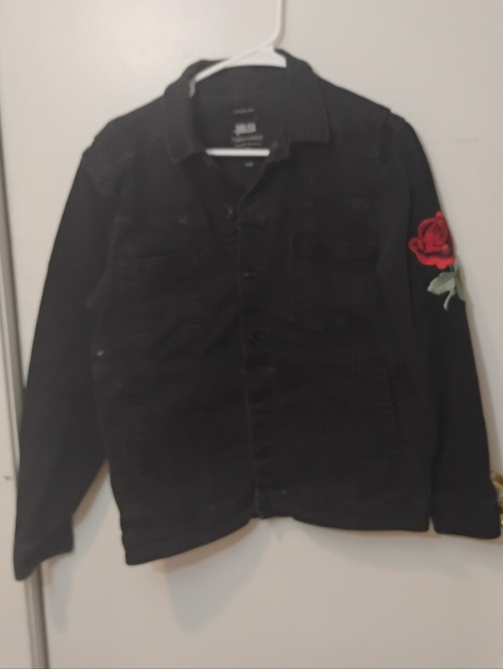 Black Denim Jacket with Red Rose Patch